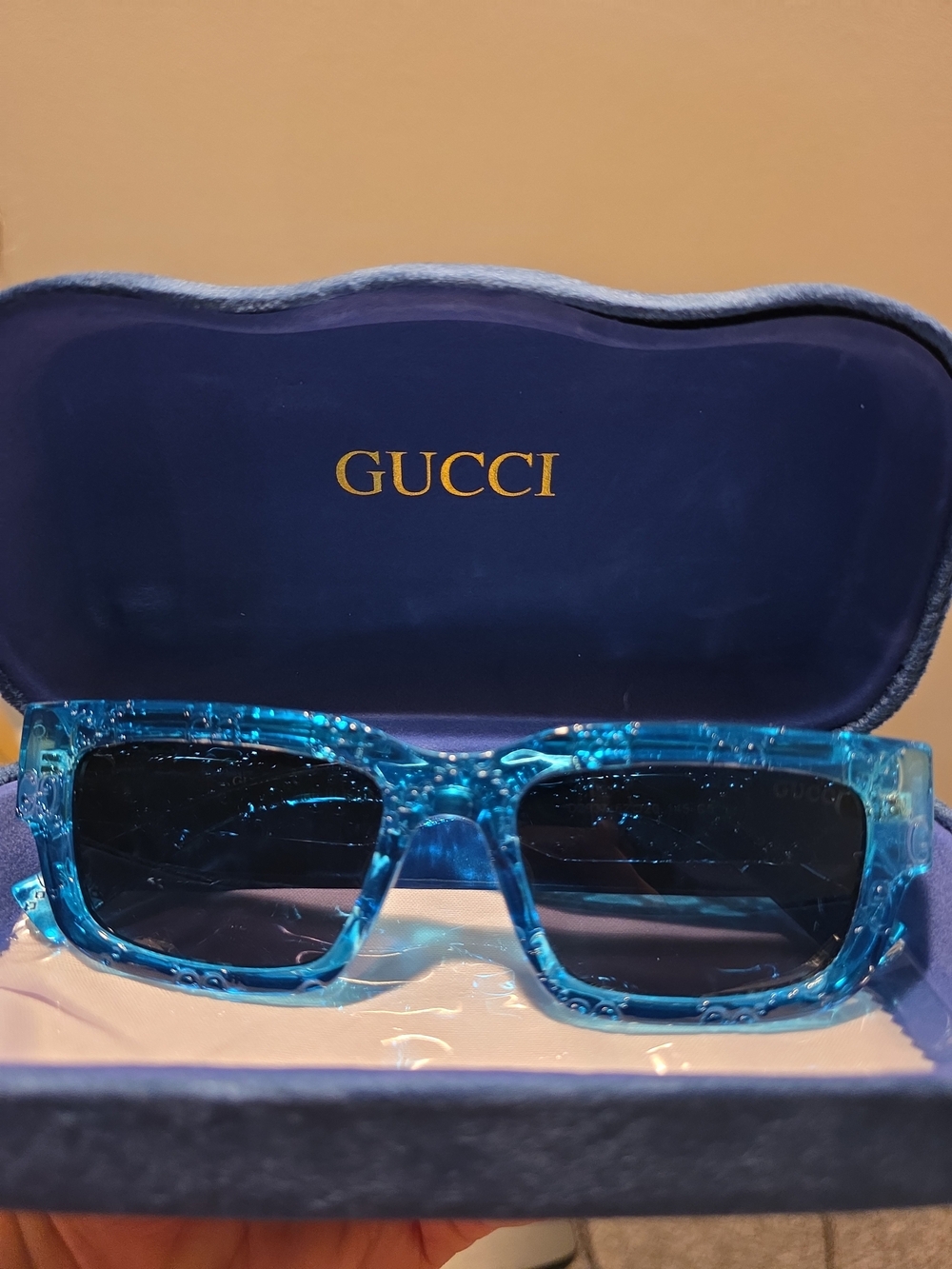 Gucci Women's Bright Blue Transparent Rectangle Sunglasses
